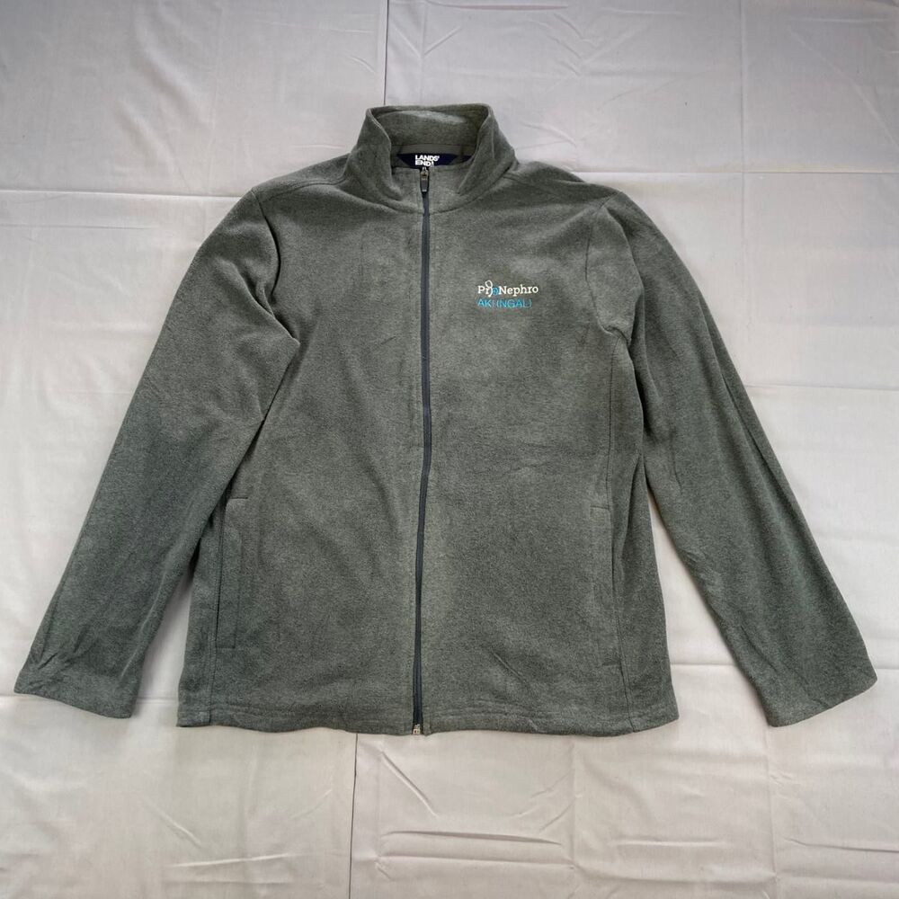 Lands' End Men's M Gray Full Zip Fleece Jacket Pronephro Aki Ngali Logo 100 Long